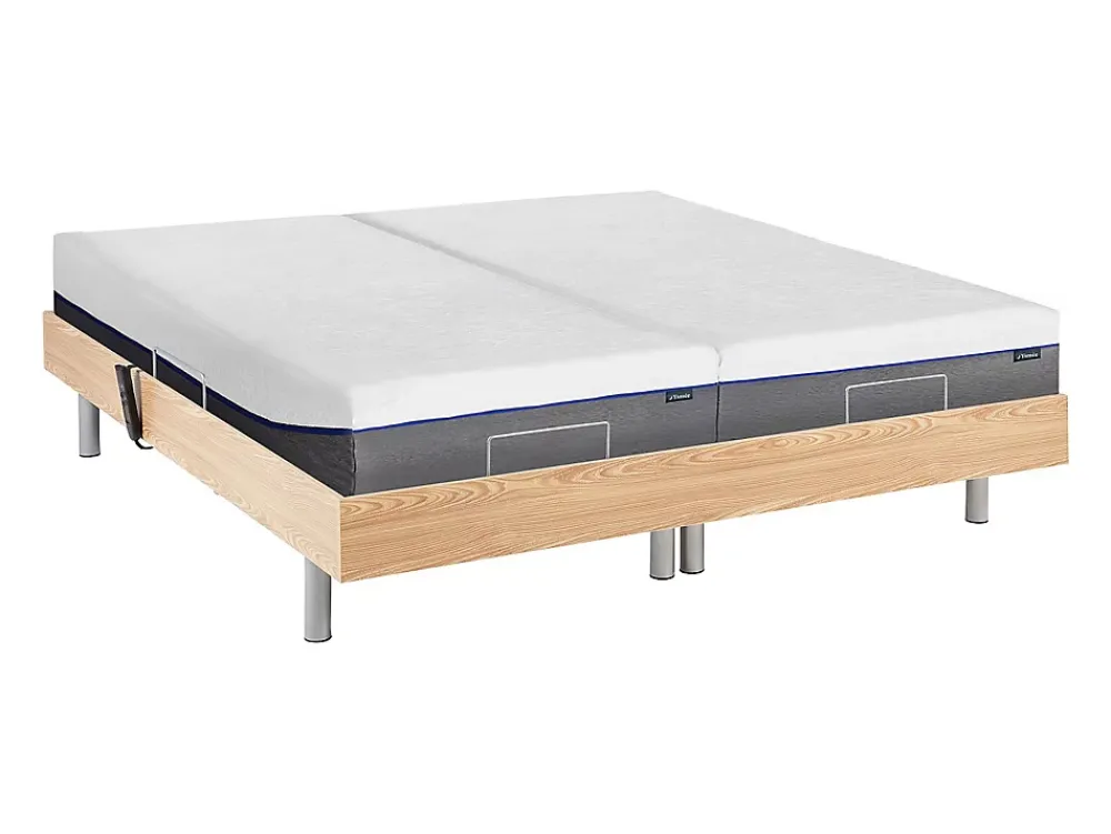 Vente-unique Lit électrique de relaxation tout plots + matelas mémoire de forme - 2 x 80 x 200 cm - Chêne - HESIODE III de YSMÉE* Lit Double