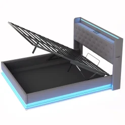 Redom Lit LED 160 par 200 cm avec port USB et rangement hydraulique tissu lin gris doux et respirant idéal pour adultes* Lit Avec Rangement