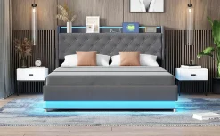 Redom Lit LED 160 par 200 cm avec port USB et rangement hydraulique tissu lin gris doux et respirant idéal pour adultes* Lit Avec Rangement