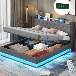 Redom Lit LED 160 par 200 cm avec port USB et rangement hydraulique tissu lin gris doux et respirant idéal pour adultes* Lit Avec Rangement