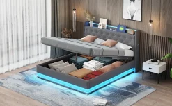 Redom Lit LED 160 par 200 cm avec port USB et rangement hydraulique tissu lin gris doux et respirant idéal pour adultes* Lit Avec Rangement