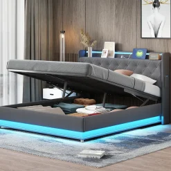 Redom Lit LED 160 par 200 cm avec port USB et rangement hydraulique tissu lin gris doux et respirant idéal pour adultes* Lit Avec Rangement