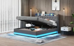 Redom Lit LED 160 par 200 cm avec port USB et rangement hydraulique tissu lin gris doux et respirant idéal pour adultes* Lit Avec Rangement