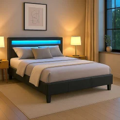 Lit LED double PINOT 140x190 cm, avec sommier, revêtement synthétique noir>Idimex Outlet