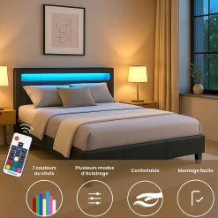 Lit LED double PINOT 140x190 cm, avec sommier, revêtement synthétique noir><noscript><img width=