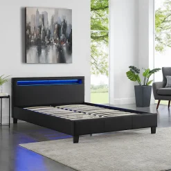 Lit LED double PINOT 140x190 cm, avec sommier, revêtement synthétique noir><noscript><img width=