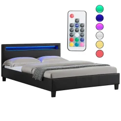 Lit LED double PINOT 140x190 cm, avec sommier, revêtement synthétique noir><noscript><img width=