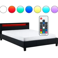 Lit LED double PINOT 140x190 cm, avec sommier, revêtement synthétique noir><noscript><img width=