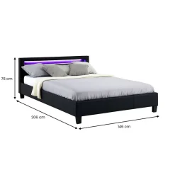 Lit LED double PINOT 140x190 cm, avec sommier, revêtement synthétique noir><noscript><img width=