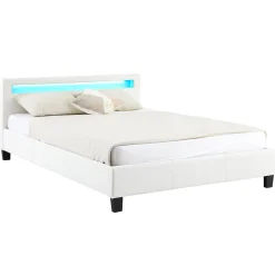 Lit LED double PINOT 140x190 cm, avec sommier, revêtement synthétique blanc>Idimex