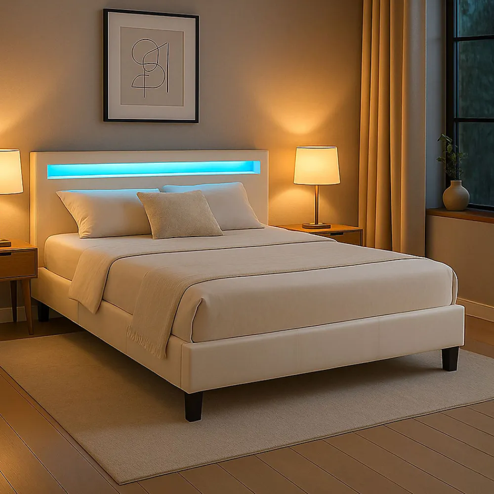 Lit LED double PINOT 140x190 cm, avec sommier, revêtement synthétique blanc>Idimex