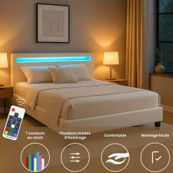 Lit LED double PINOT 140x190 cm, avec sommier, revêtement synthétique blanc><noscript><img width=