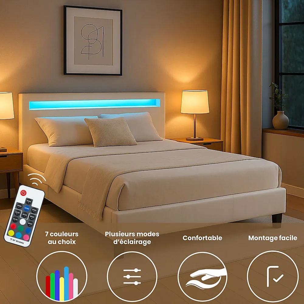 Lit LED double PINOT 140x190 cm, avec sommier, revêtement synthétique blanc>Idimex