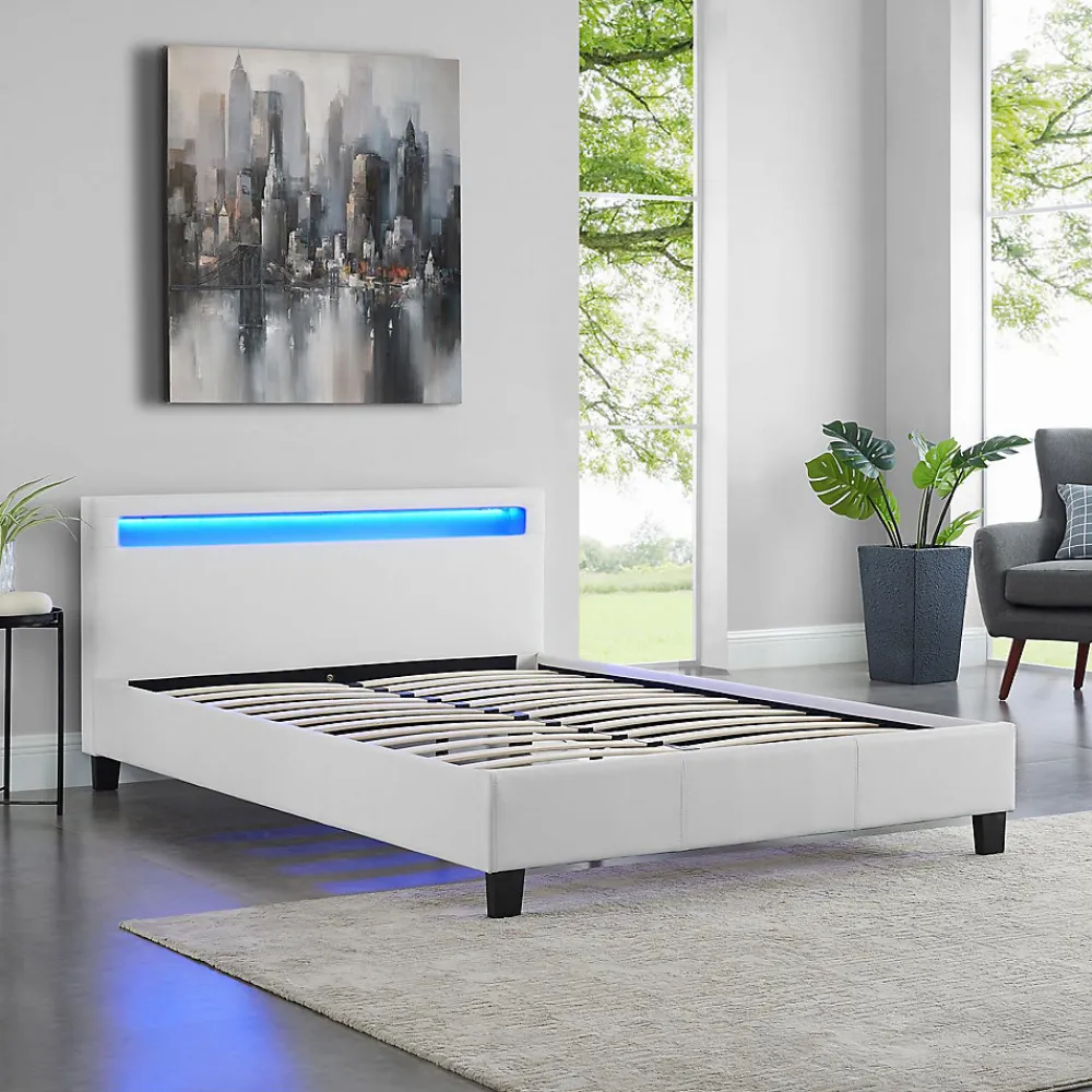 Lit LED double PINOT 140x190 cm, avec sommier, revêtement synthétique blanc>Idimex