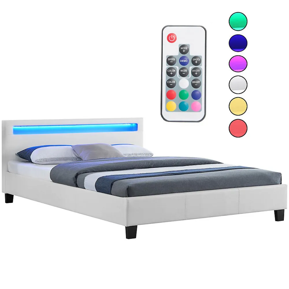 Lit LED double PINOT 140x190 cm, avec sommier, revêtement synthétique blanc>Idimex