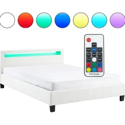 Lit LED double PINOT 140x190 cm, avec sommier, revêtement synthétique blanc><noscript><img width=