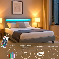 Lit LED double PINOT 140x190 cm, avec sommier, revêtement synthétique gris><noscript><img width=