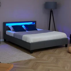 Lit LED double PINOT 140x190 cm, avec sommier, revêtement synthétique gris><noscript><img width=