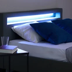 Lit LED double PINOT 140x190 cm, avec sommier, revêtement synthétique gris><noscript><img width=