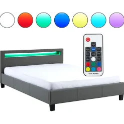 Lit LED double PINOT 140x190 cm, avec sommier, revêtement synthétique gris><noscript><img width=