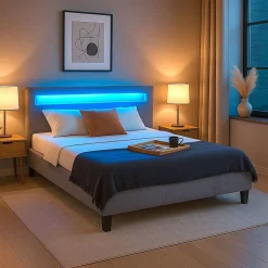 Lit LED double RIOJA 140x190 cm, avec sommier, revêtement tissu gris>Idimex Online