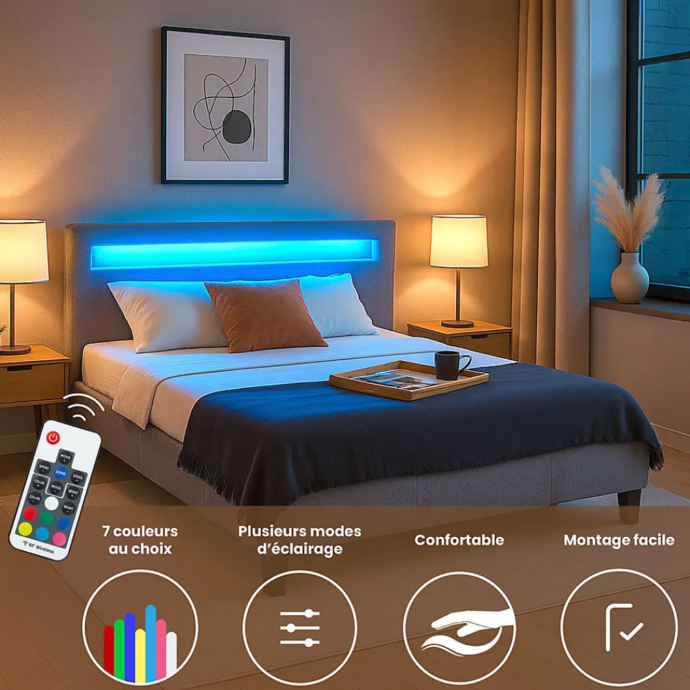 Lit LED double RIOJA 140x190 cm, avec sommier, revêtement tissu gris>Idimex Online