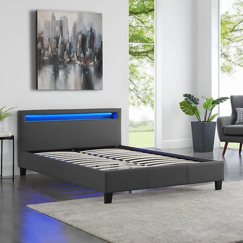 Lit LED double RIOJA 140x190 cm, avec sommier, revêtement tissu gris>Idimex Online