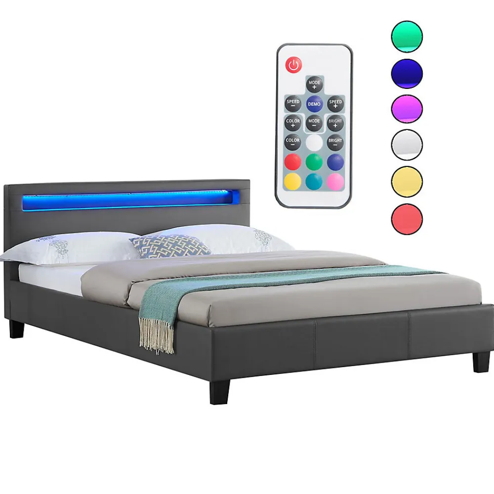 Lit LED double RIOJA 140x190 cm, avec sommier, revêtement tissu gris>Idimex Online