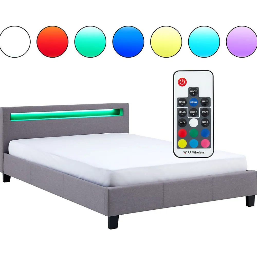 Lit LED double RIOJA 140x190 cm, avec sommier, revêtement tissu gris>Idimex Online
