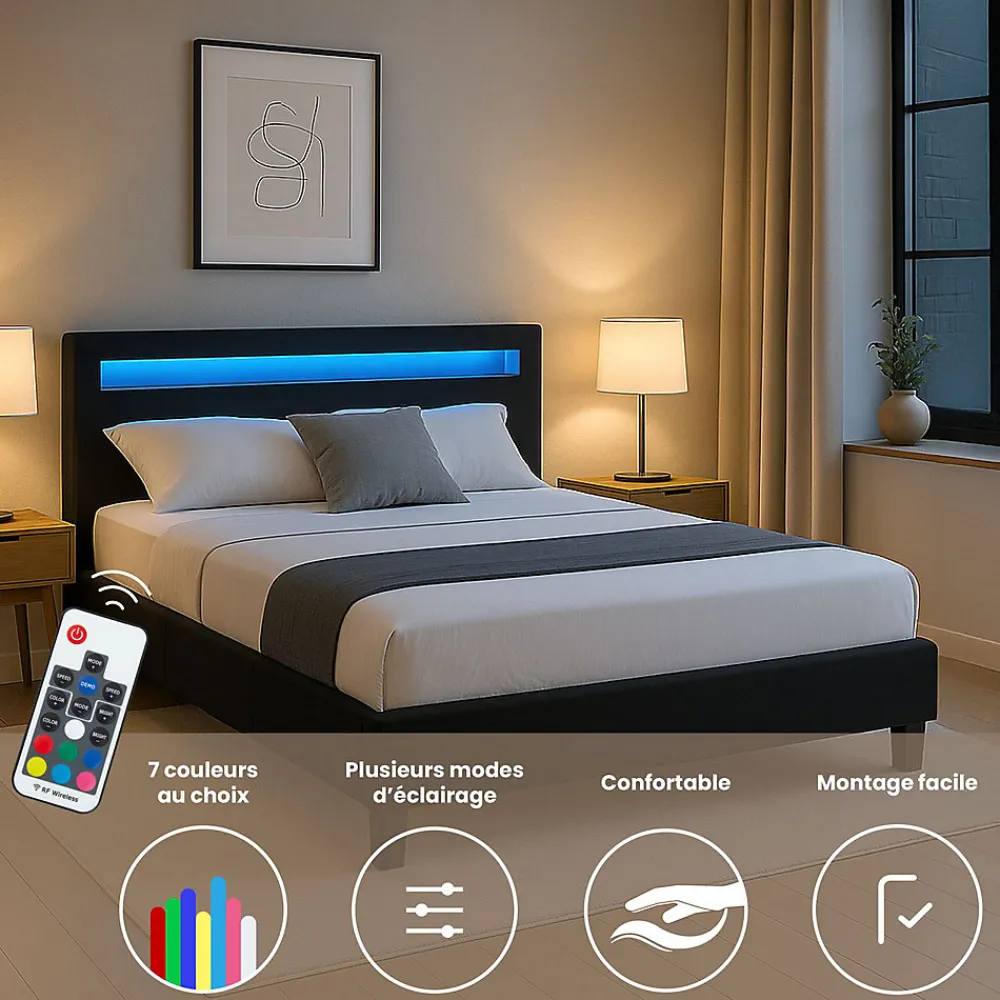 Lit LED double RIOJA 140x190 cm, avec sommier, revêtement tissu noir>Idimex Outlet