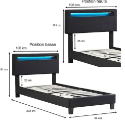 Lit LED simple AUSTIN 90x190 cm, avec sommier, revêtement en tissu noir><noscript><img width=
