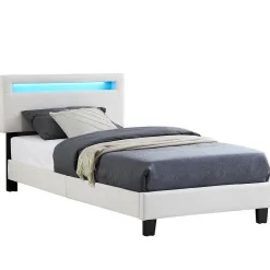 Lit LED simple AUSTIN 90x190 cm, avec sommier, revêtement en tissu blanc>Idimex