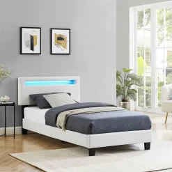 Lit LED simple AUSTIN 90x190 cm, avec sommier, revêtement en tissu blanc>Idimex