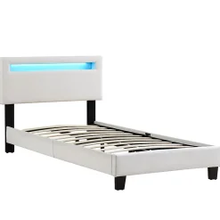 Lit LED simple AUSTIN 90x190 cm, avec sommier, revêtement en tissu blanc><noscript><img width=