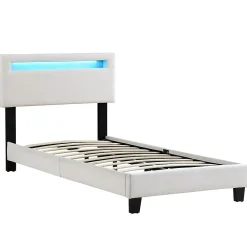 Lit LED simple AUSTIN 90x190 cm, avec sommier, revêtement en tissu blanc><noscript><img width=