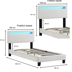 Lit LED simple AUSTIN 90x190 cm, avec sommier, revêtement en tissu blanc><noscript><img width=