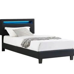 Lit LED simple EVAN 90x190 cm, avec sommier, revêtement en synthétique noir>Idimex Discount