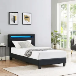 Lit LED simple EVAN 90x190 cm, avec sommier, revêtement en synthétique noir>Idimex Discount