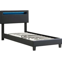 Lit LED simple EVAN 90x190 cm, avec sommier, revêtement en synthétique noir><noscript><img width=