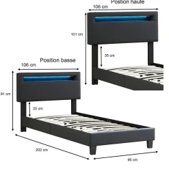 Lit LED simple EVAN 90x190 cm, avec sommier, revêtement en synthétique noir><noscript><img width=