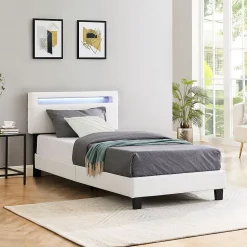 Lit LED simple EVAN 90x190 cm, avec sommier, revêtement en synthétique blanc>Idimex Outlet