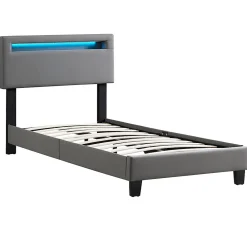 Idimex Lit LED simple EVAN 90x190 cm, avec sommier, revêtement en synthétique gris* Lit Simple