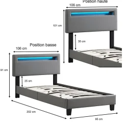 Idimex Lit LED simple EVAN 90x190 cm, avec sommier, revêtement en synthétique gris* Lit Simple