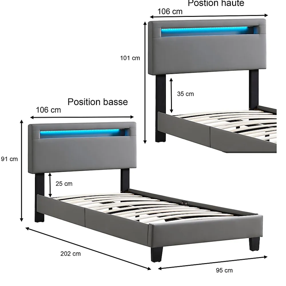 Idimex Lit LED simple EVAN 90x190 cm, avec sommier, revêtement en synthétique gris* Lit Simple