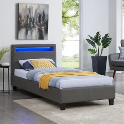 Lit LED simple LUCENO 90x190 cm, avec sommier, revêtement synthétique gris>Idimex