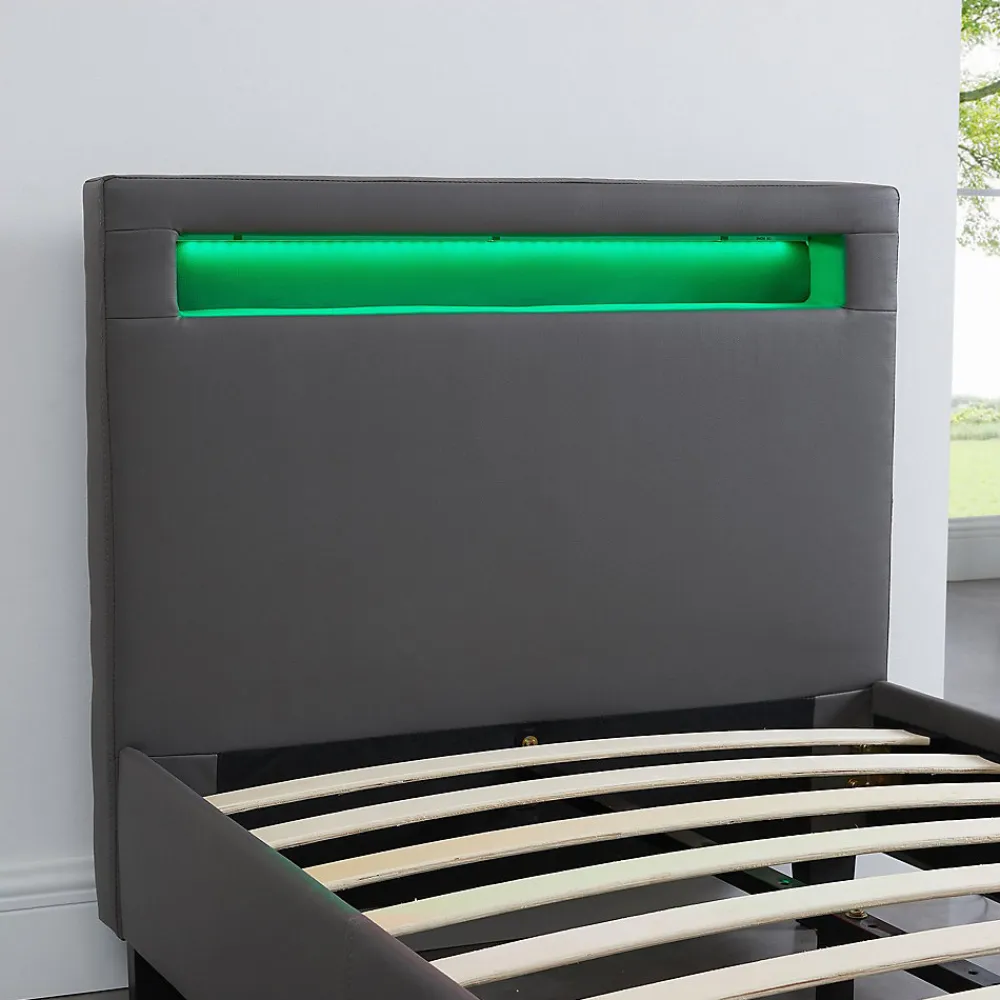 Lit LED simple LUCENO 90x190 cm, avec sommier, revêtement synthétique gris>Idimex