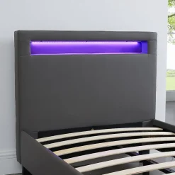 Lit LED simple LUCENO 90x190 cm, avec sommier, revêtement synthétique gris><noscript><img width=