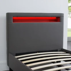 Lit LED simple LUCENO 90x190 cm, avec sommier, revêtement synthétique gris><noscript><img width=