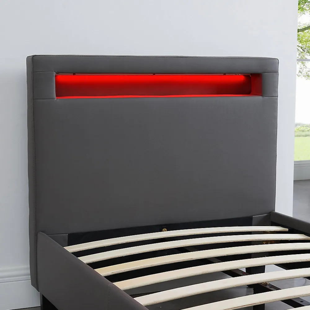 Lit LED simple LUCENO 90x190 cm, avec sommier, revêtement synthétique gris>Idimex
