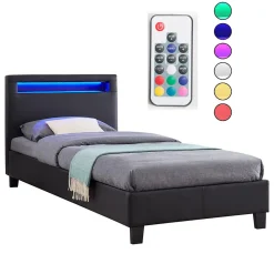 Lit LED simple LUCENO 90x190 cm, avec sommier, revêtement synthétique noir><noscript><img width=
